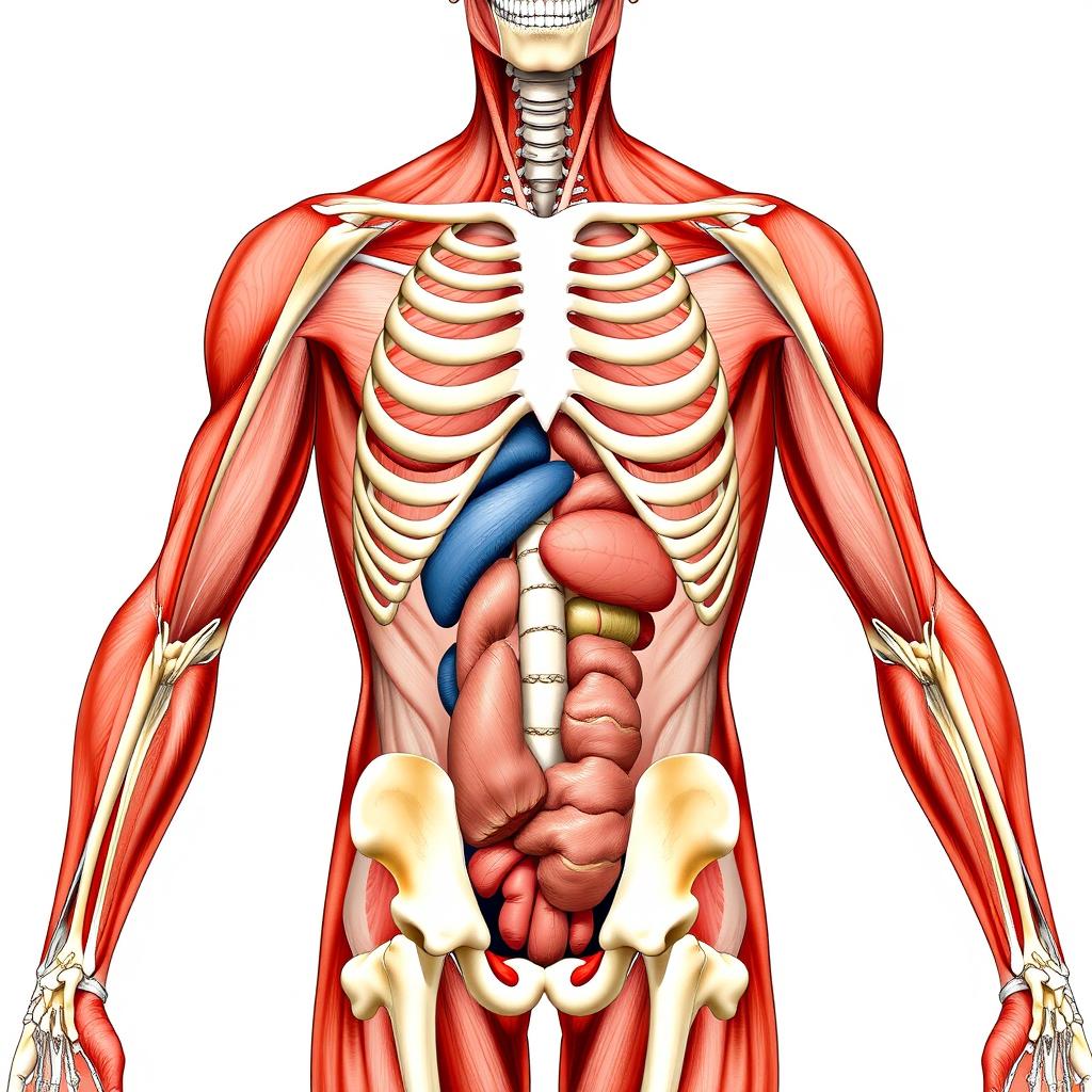 A detailed and anatomically accurate illustration of the human body, showcasing muscles, bones, and organs