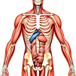 A detailed and anatomically accurate illustration of the human body, showcasing muscles, bones, and organs