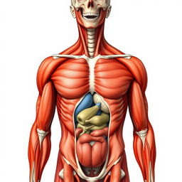 A detailed and anatomically accurate illustration of the human body, showcasing muscles, bones, and organs