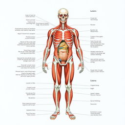 A detailed and anatomically accurate illustration of the human body, showcasing muscles, bones, and organs