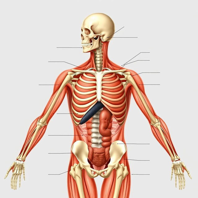 A detailed and anatomically accurate illustration of the human body, showcasing muscles, bones, and organs