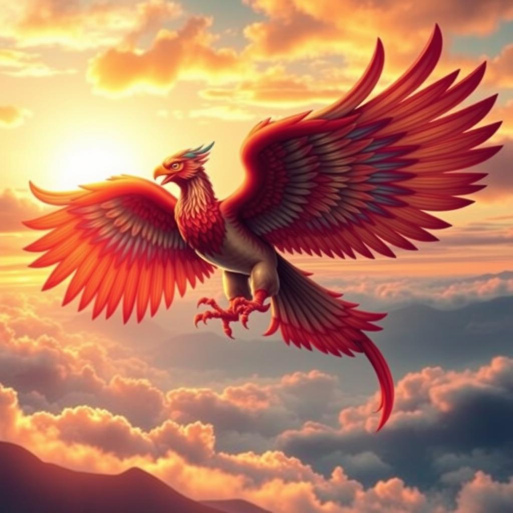 A majestic Garuda, a mythical bird-like creature from Hindu and Buddhist mythology, soaring through the skies with vibrant feathers and a powerful presence