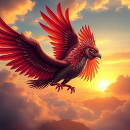 A majestic Garuda, a mythical bird-like creature from Hindu and Buddhist mythology, soaring through the skies with vibrant feathers and a powerful presence