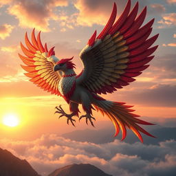 A majestic Garuda, a mythical bird-like creature from Hindu and Buddhist mythology, soaring through the skies with vibrant feathers and a powerful presence