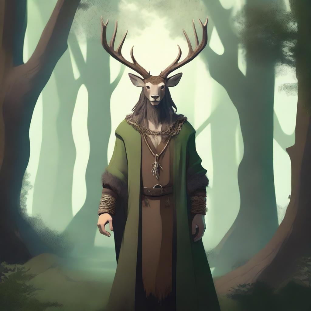 A human druid with deer antlers standing in a mystical forest