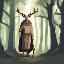 A human druid with deer antlers standing in a mystical forest