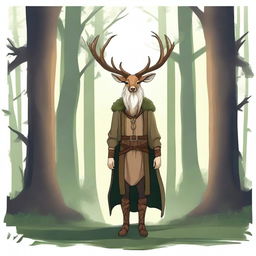 A human druid with deer antlers standing in a mystical forest