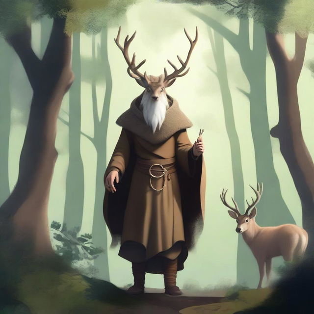 A human druid with deer antlers standing in a mystical forest