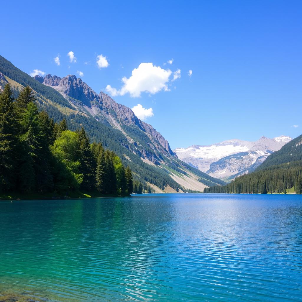 A beautiful, serene landscape featuring a clear blue lake surrounded by lush green trees and mountains in the background