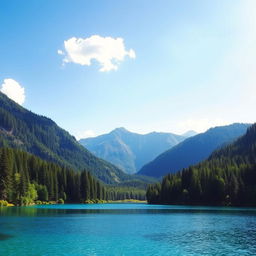 A beautiful, serene landscape featuring a clear blue lake surrounded by lush green trees and mountains in the background