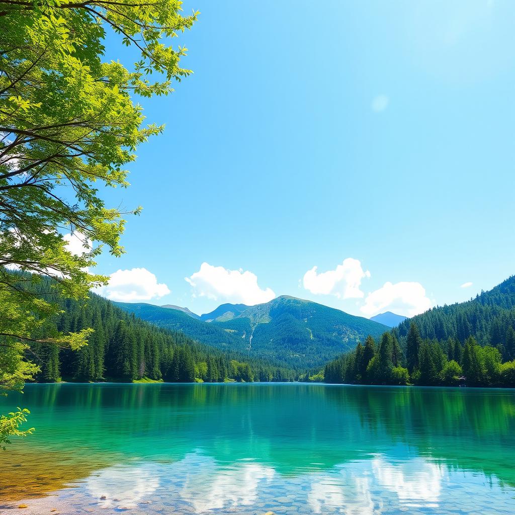 A beautiful, serene landscape featuring a clear blue lake surrounded by lush green trees and mountains in the background