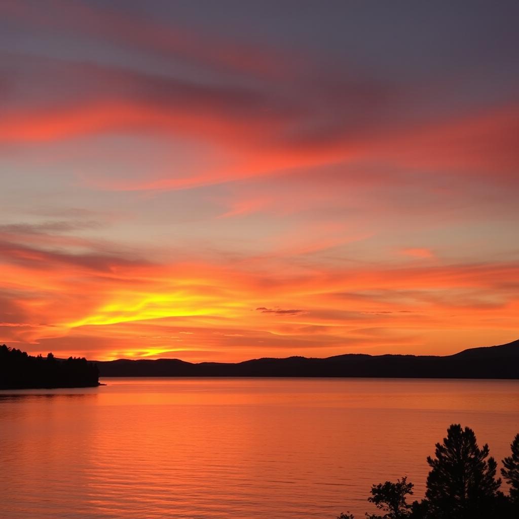 A beautiful sunset over a tranquil lake, with the sky painted in shades of orange, pink, and purple, and the calm water reflecting the colors of the sky