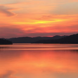 A beautiful sunset over a tranquil lake, with the sky painted in shades of orange, pink, and purple, and the calm water reflecting the colors of the sky