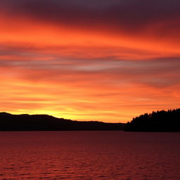 A beautiful sunset over a tranquil lake, with the sky painted in shades of orange, pink, and purple, and the calm water reflecting the colors of the sky