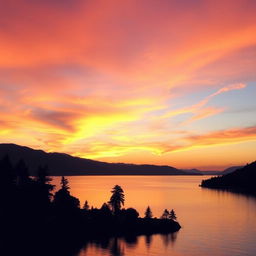 A beautiful sunset over a tranquil lake, with the sky painted in shades of orange, pink, and purple, and the calm water reflecting the colors of the sky