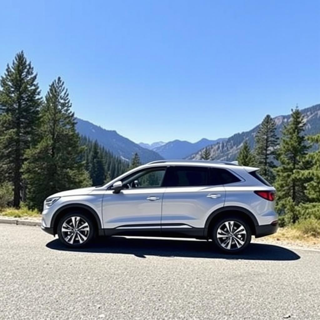 A small SUV parked in a scenic outdoor setting, surrounded by trees and mountains