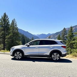 A small SUV parked in a scenic outdoor setting, surrounded by trees and mountains