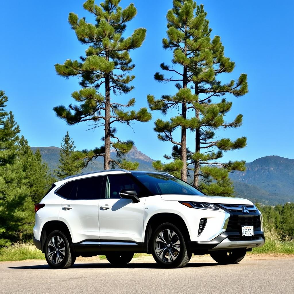 A small SUV parked in a scenic outdoor setting, surrounded by trees and mountains