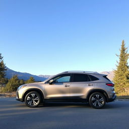 A small SUV parked in a scenic outdoor setting, surrounded by trees and mountains