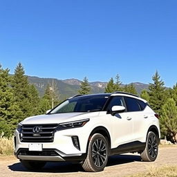 A small SUV parked in a scenic outdoor setting, surrounded by trees and mountains