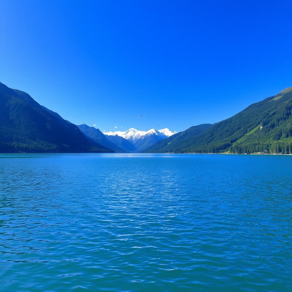 A beautiful landscape featuring a serene lake surrounded by lush green mountains under a clear blue sky