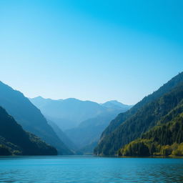 A beautiful landscape featuring a serene lake surrounded by lush green mountains under a clear blue sky