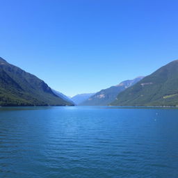 A beautiful landscape featuring a serene lake surrounded by lush green mountains under a clear blue sky