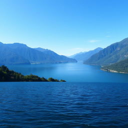 A beautiful landscape featuring a serene lake surrounded by lush green mountains under a clear blue sky