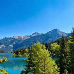 A beautiful landscape featuring a serene lake surrounded by lush green trees and mountains in the background under a clear blue sky