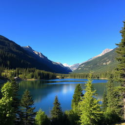 A beautiful landscape featuring a serene lake surrounded by lush green trees and mountains in the background under a clear blue sky