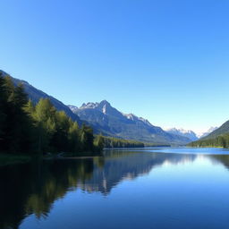 A beautiful landscape featuring a serene lake surrounded by lush green trees and mountains in the background under a clear blue sky