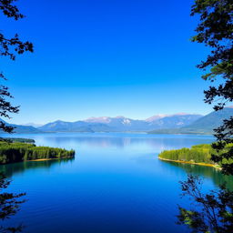 A beautiful landscape featuring a serene lake surrounded by lush green trees and mountains in the background under a clear blue sky