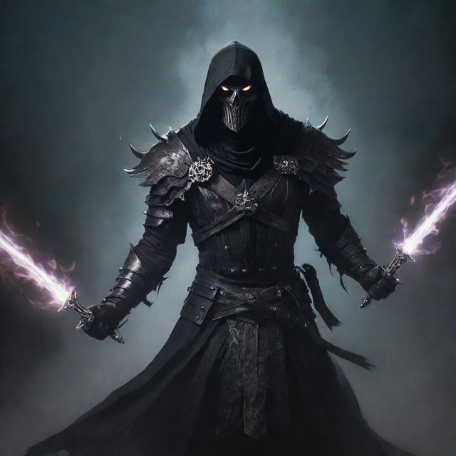 An ominous assassin clad in dark, shadowy armor, wielding twin daggers, emitting an aura of necromantic power as ethereal spirits swirl around him.