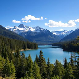 Create a beautiful landscape featuring a serene lake surrounded by lush green forests and snow-capped mountains in the background under a clear blue sky with a few fluffy white clouds