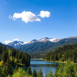 Create a beautiful landscape featuring a serene lake surrounded by lush green forests and snow-capped mountains in the background under a clear blue sky with a few fluffy white clouds