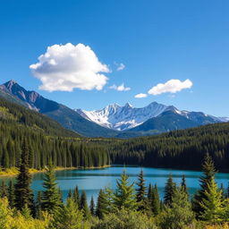 Create a beautiful landscape featuring a serene lake surrounded by lush green forests and snow-capped mountains in the background under a clear blue sky with a few fluffy white clouds