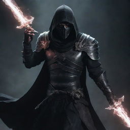 An ominous assassin clad in dark, shadowy armor, wielding twin daggers, emitting an aura of necromantic power as ethereal spirits swirl around him.