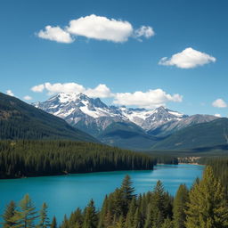 Create a beautiful landscape featuring a serene lake surrounded by lush green forests and snow-capped mountains in the background under a clear blue sky with a few fluffy white clouds