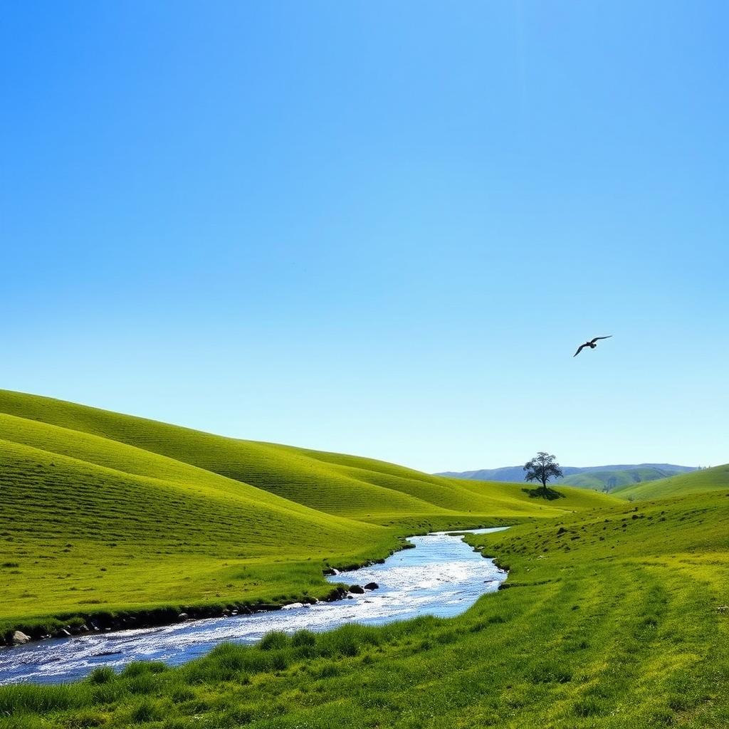 A serene landscape featuring a clear blue sky, gentle rolling hills covered in lush green grass, and a sparkling river winding through the scene