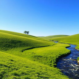 A serene landscape featuring a clear blue sky, gentle rolling hills covered in lush green grass, and a sparkling river winding through the scene