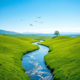 A serene landscape featuring a clear blue sky, gentle rolling hills covered in lush green grass, and a sparkling river winding through the scene