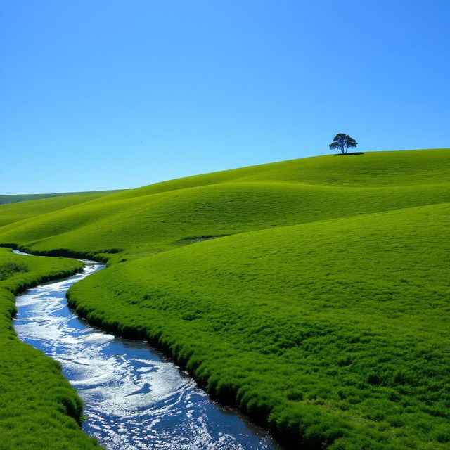 A serene landscape featuring a clear blue sky, gentle rolling hills covered in lush green grass, and a sparkling river winding through the scene