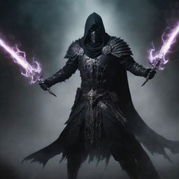 An ominous assassin clad in dark, shadowy armor, wielding twin daggers, emitting an aura of necromantic power as ethereal spirits swirl around him.