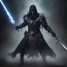 An ominous assassin clad in dark, shadowy armor, wielding twin daggers, emitting an aura of necromantic power as ethereal spirits swirl around him.