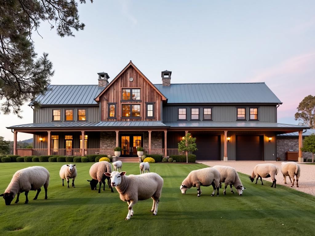 A stunning architectural modern farmhouse homestead with contemporary design elements and traditional aesthetics