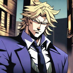 Speedwagon depicted as a rogue with blond hair and a scarred face