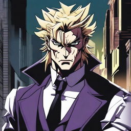 Speedwagon depicted as a rogue with blond hair and a scarred face