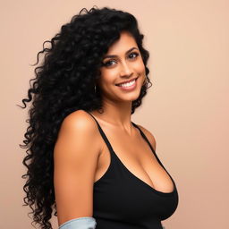 A woman in her 30s with long curly black hair, thin build, and small breasts