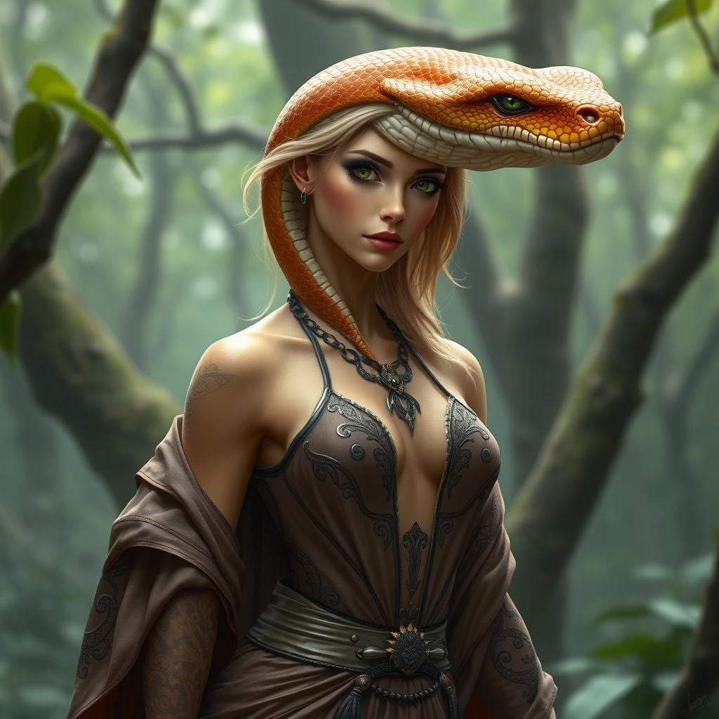 A female snake with a human-like physique, featuring light brown skin and green eyes