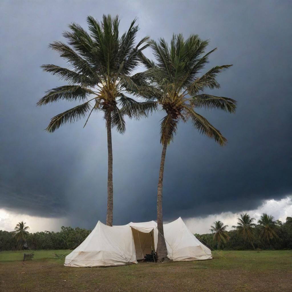 A dramatic scene featuring a tent with two sword-shaped storms converging behind it. Nestled between the 'blades' stands a solitary palm tree.